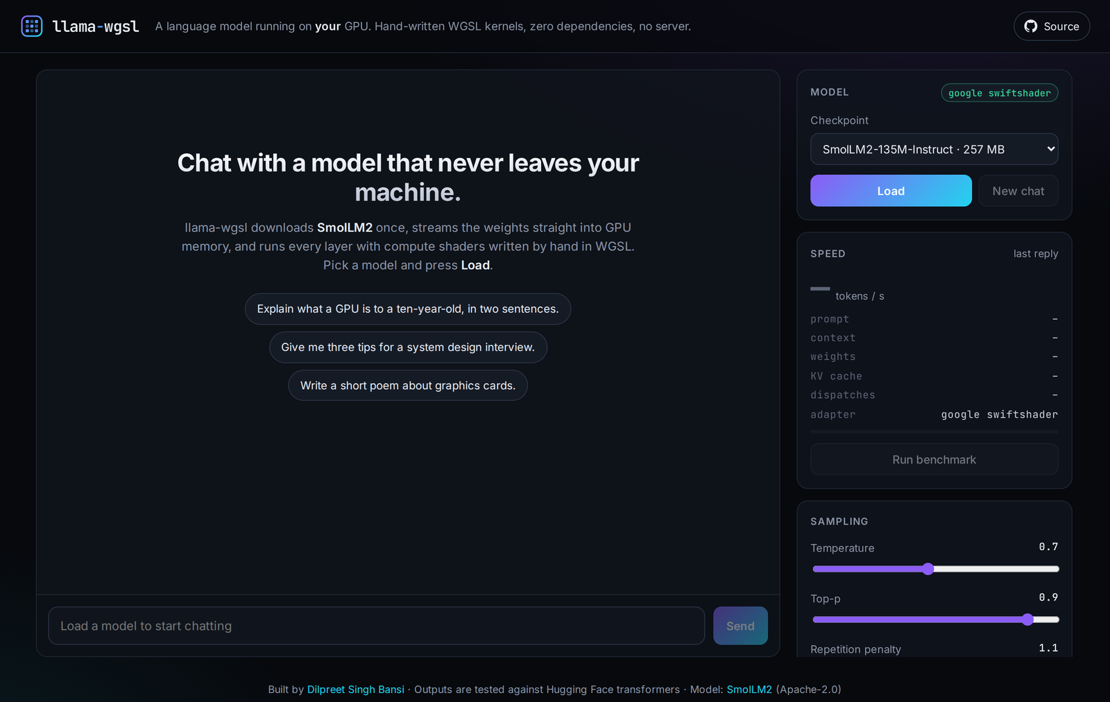 The llama-wgsl chat interface: a model picker, a chat panel, live tokens-per-second stats and a list of the kernels that run for each token.
