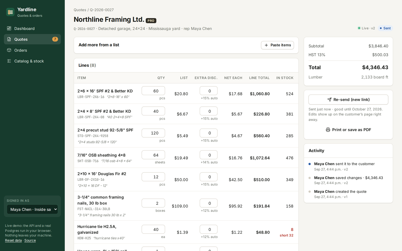 Yardline's quote editor: a customer's materials list matched to catalog items, priced with tier and volume discounts, with totals, HST, board feet and an activity timeline.